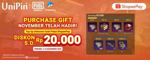 Raih Bonus di Purchase Gift! Ekstra Diskon s.d. Rp20.000 dengan Top Up PUBG Mobile Pakai ShopeePay!
